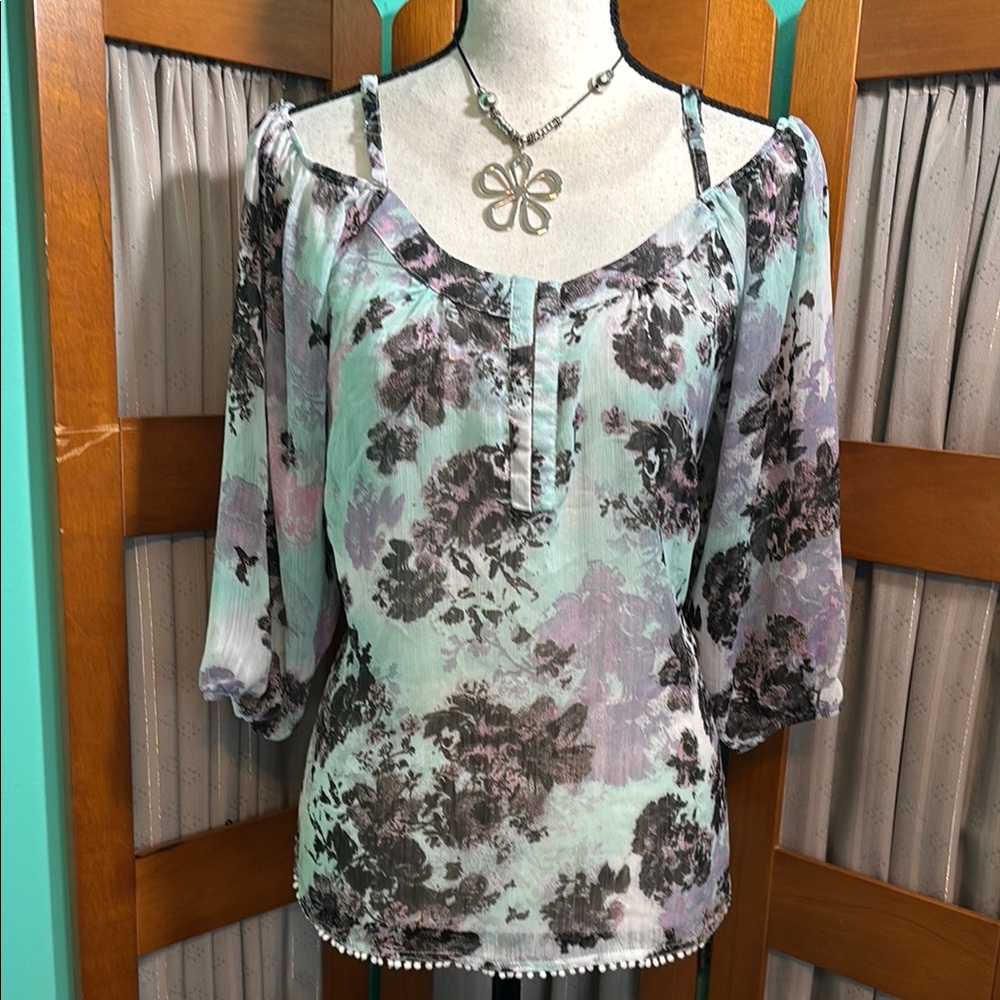 Energie Brown and Blue Relaxed cold shoulder Blouse with 3/4 Sleeves